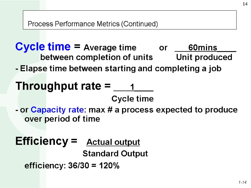 Process Performance Metrics (Continued) Cycle time = Average time     